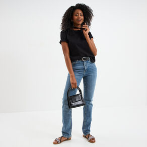 T-shirt col rond manches courtes coton noir femme