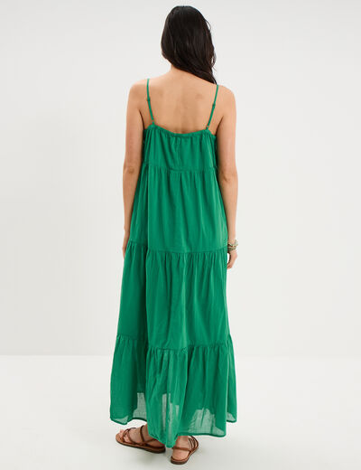 Robe longue &agrave; volants fines bretelles vert canard femme