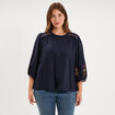 Blouse brod&eacute;e manches bouffantes 3/4 bleu fonc&eacute; femme grande taille