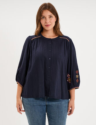 Blouse brod&eacute;e manches bouffantes 3/4 bleu fonc&eacute; femme grande taille