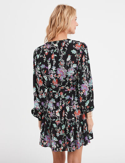 Robe trapèze à volants boutonnée noir femme