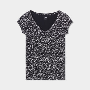 T-shirt col V droit manches courtes noir femme
