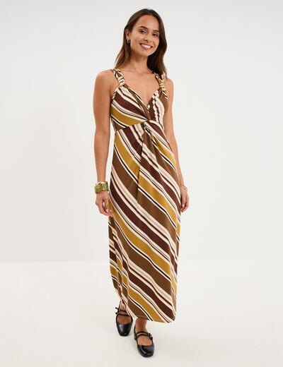 Robe longue &eacute;paules d&eacute;tails bijoux vert kaki femme