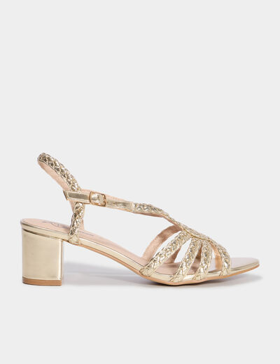 Sandales à talons 5 cm brides tressées jaune or femme