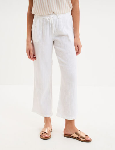 Pantalon fluide &eacute;lastiqu&eacute; gaze de coton blanc femme