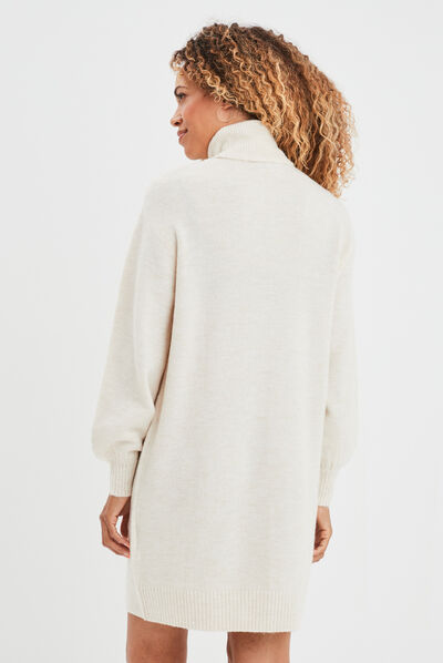 Robe pull col roulé courte droite creme femme