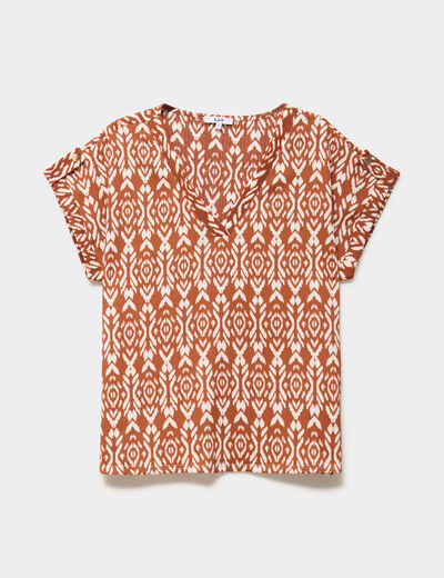 T-shirt col en V et pattes &eacute;paules orange fonc&eacute; femme