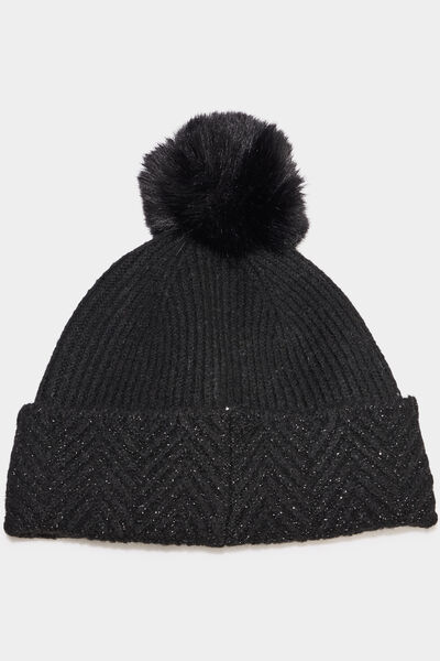 Bonnet &agrave; pompon noir femme