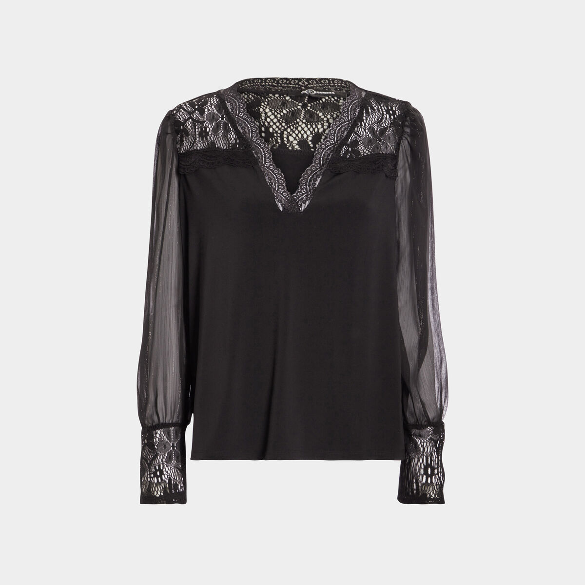 Blouse col en V détails dentelle noir femme