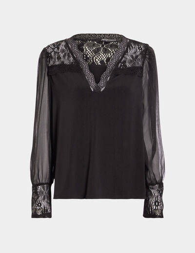 Blouse col en V détails dentelle noir femme
