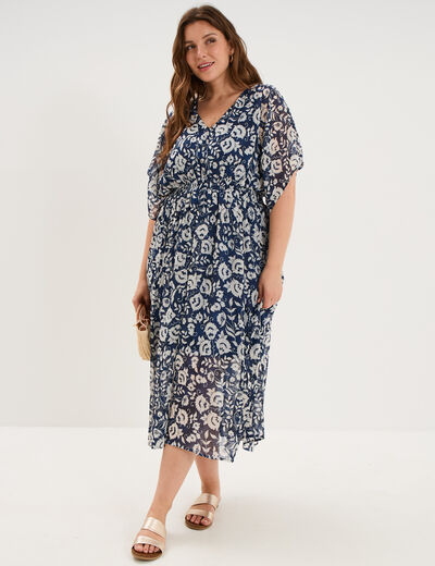 Robe longue taille smock&eacute;e bleu marine femme grande taille