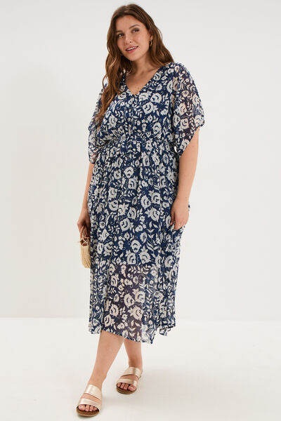 Robe longue taille smock&eacute;e bleu marine femme grande taille