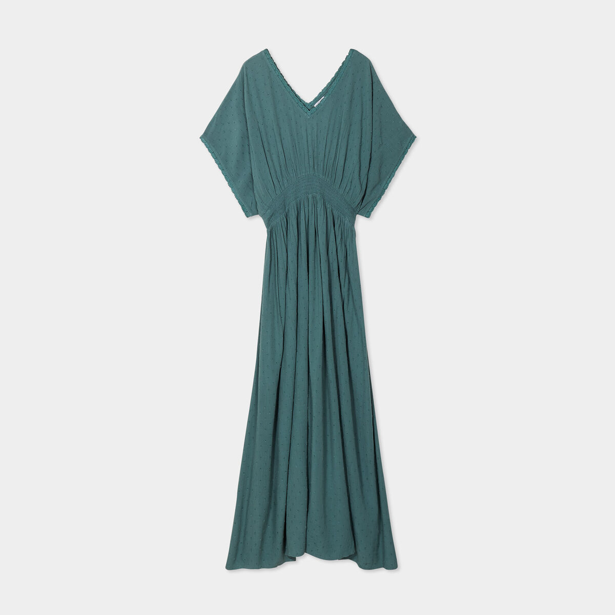 Robe longue en plumetis taille smockée vert foncé femme grande taille
