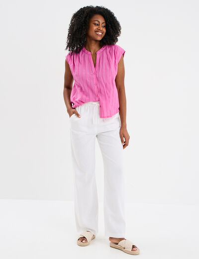 Blouse sans manches col tunisien coton rose fushia femme