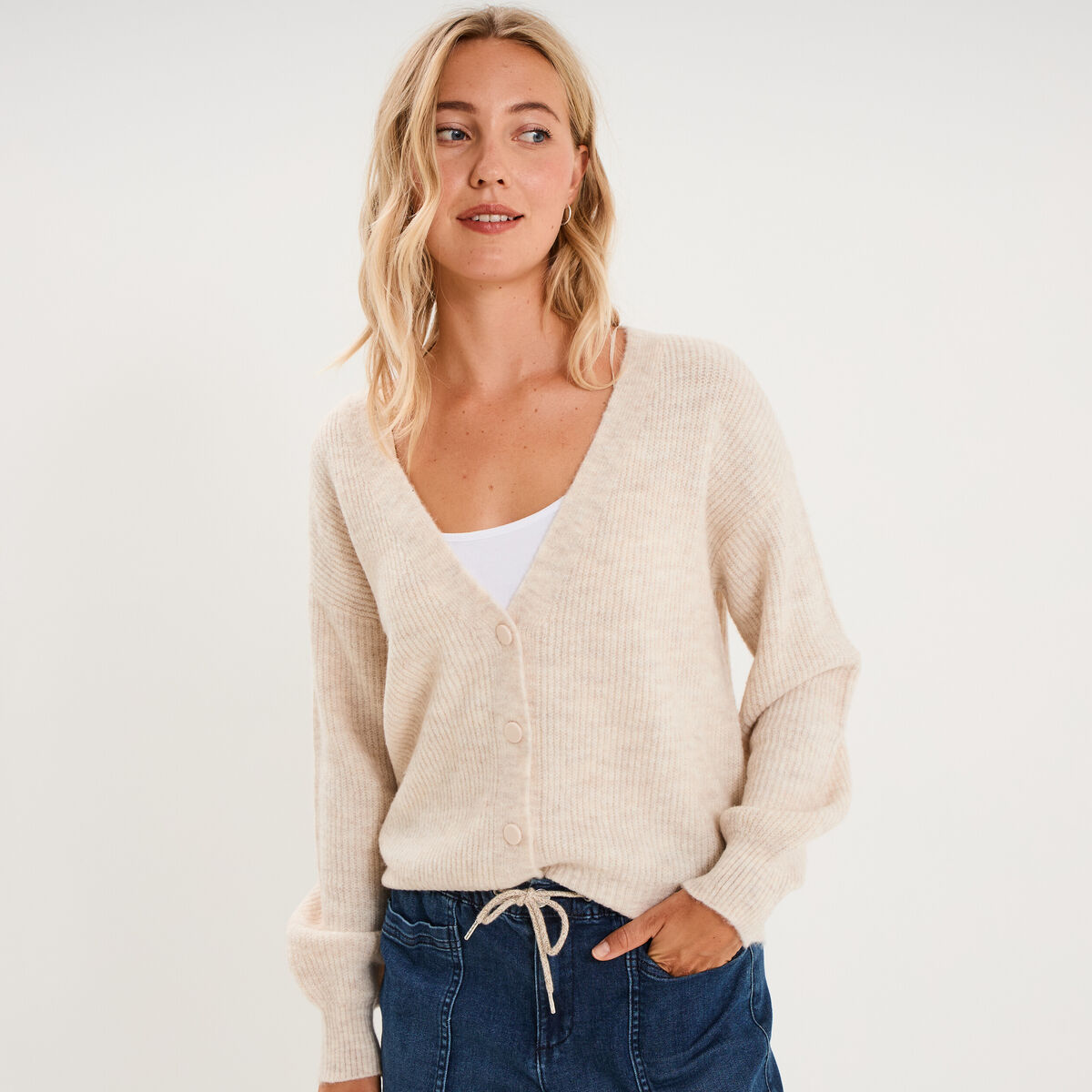 Gilet col en V manches longues ballon ecru femme