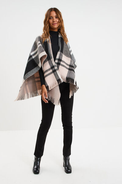 Poncho &agrave; franges mi-long noir femme