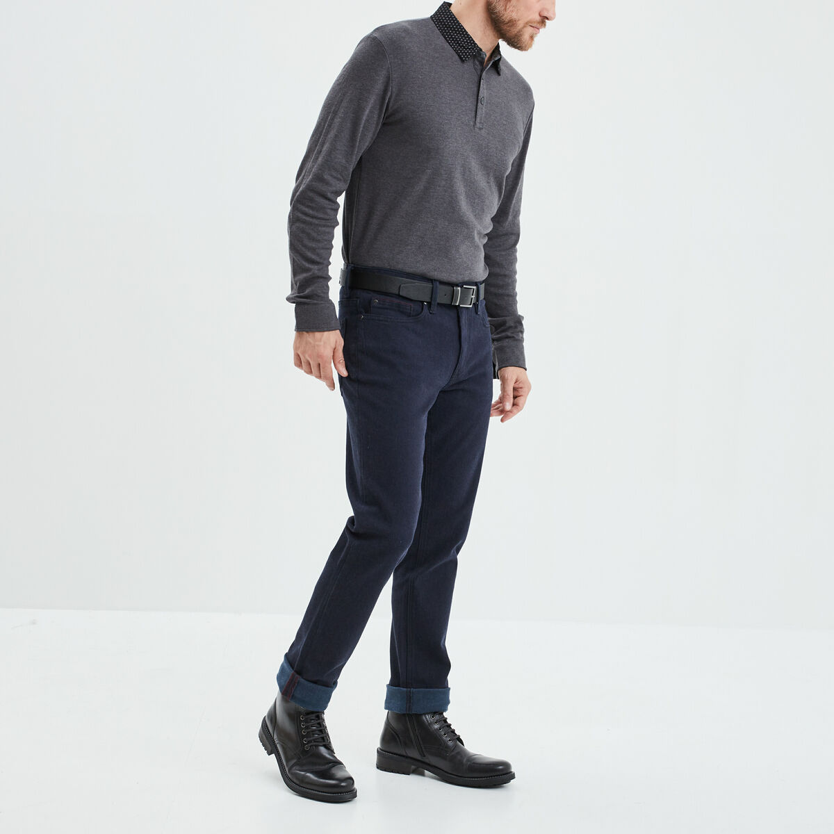 Polo manches longues col boutonné coton gris homme