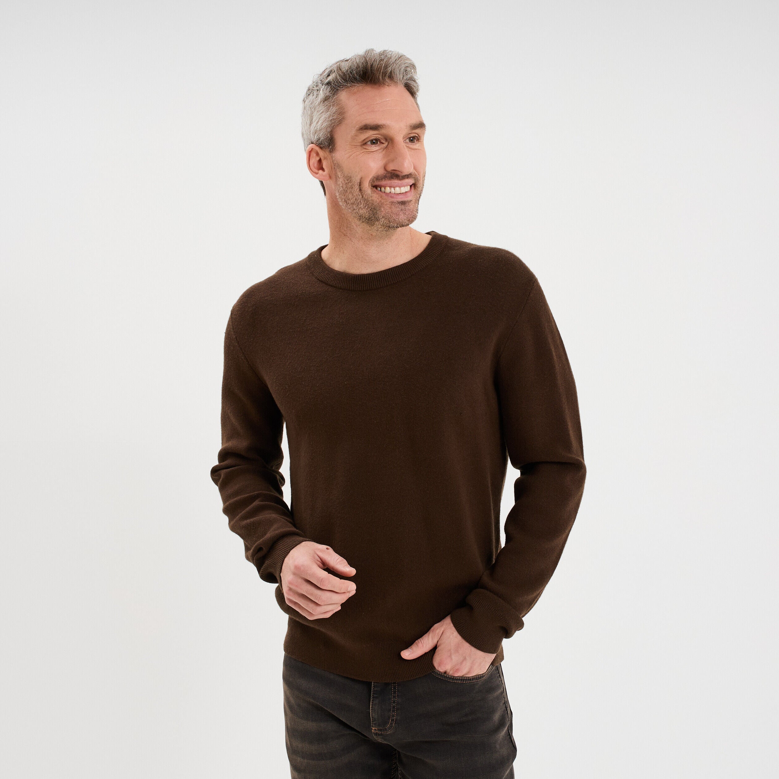 Pull col rond manches longues marron foncé homme LH