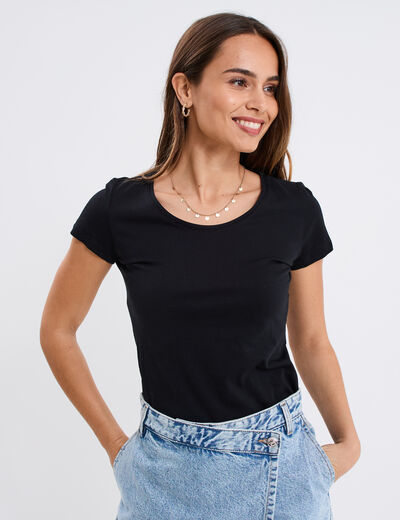 T-shirt coton col rond manches courtes noir femme