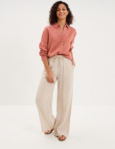 Pantalon large lin m&eacute;lang&eacute; beige femme