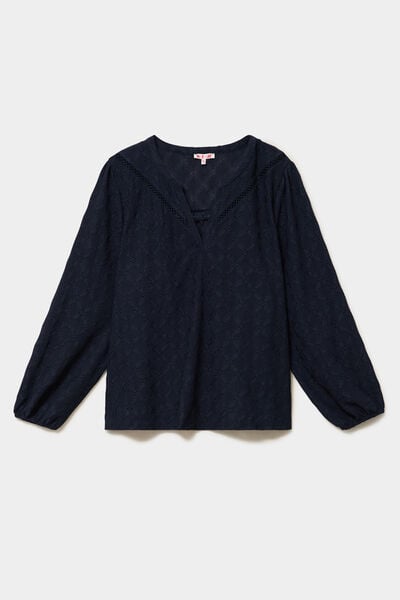 Blouse manches longues broderie anglaise bleu fonc&eacute; femme grande taille