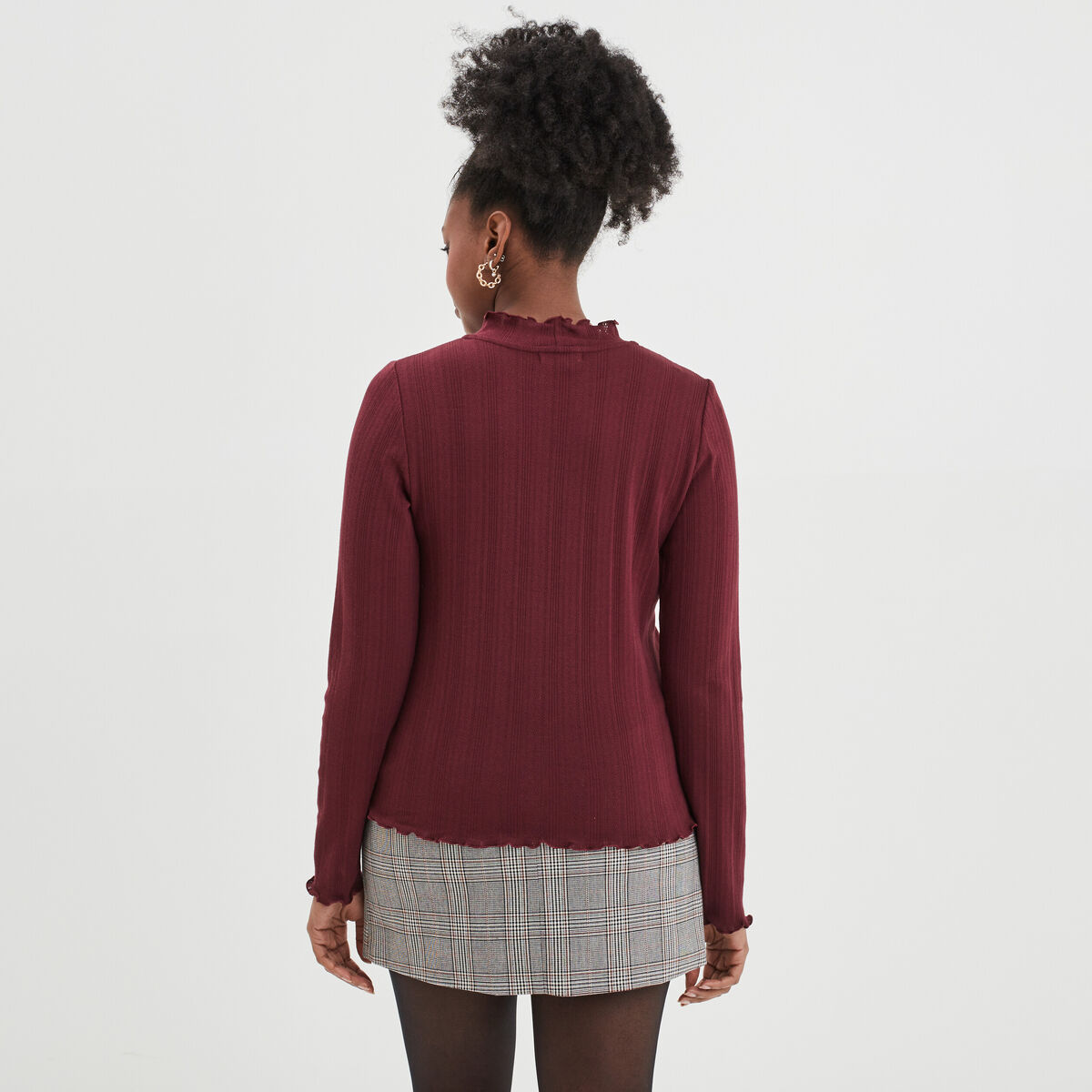 T-shirt côtelé col montant coton Creeks bordeaux femme