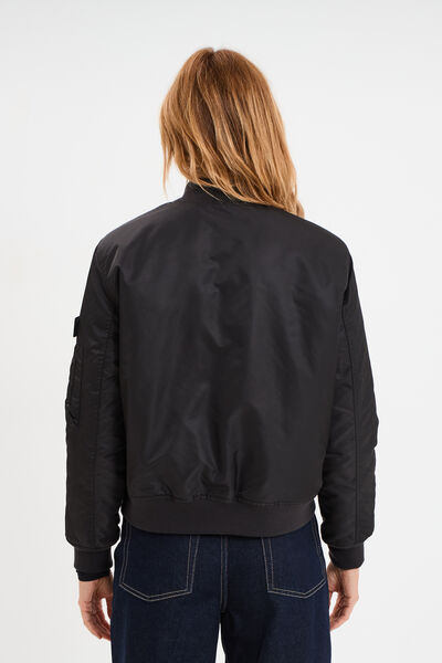 Blouson d&eacute;perlant col teddy noir femme