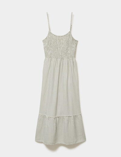 Robe longue buste smock&eacute; lin m&eacute;lang&eacute; blanc femme