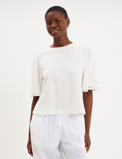 T-shirt brod&eacute; manches courtes coton blanc femme