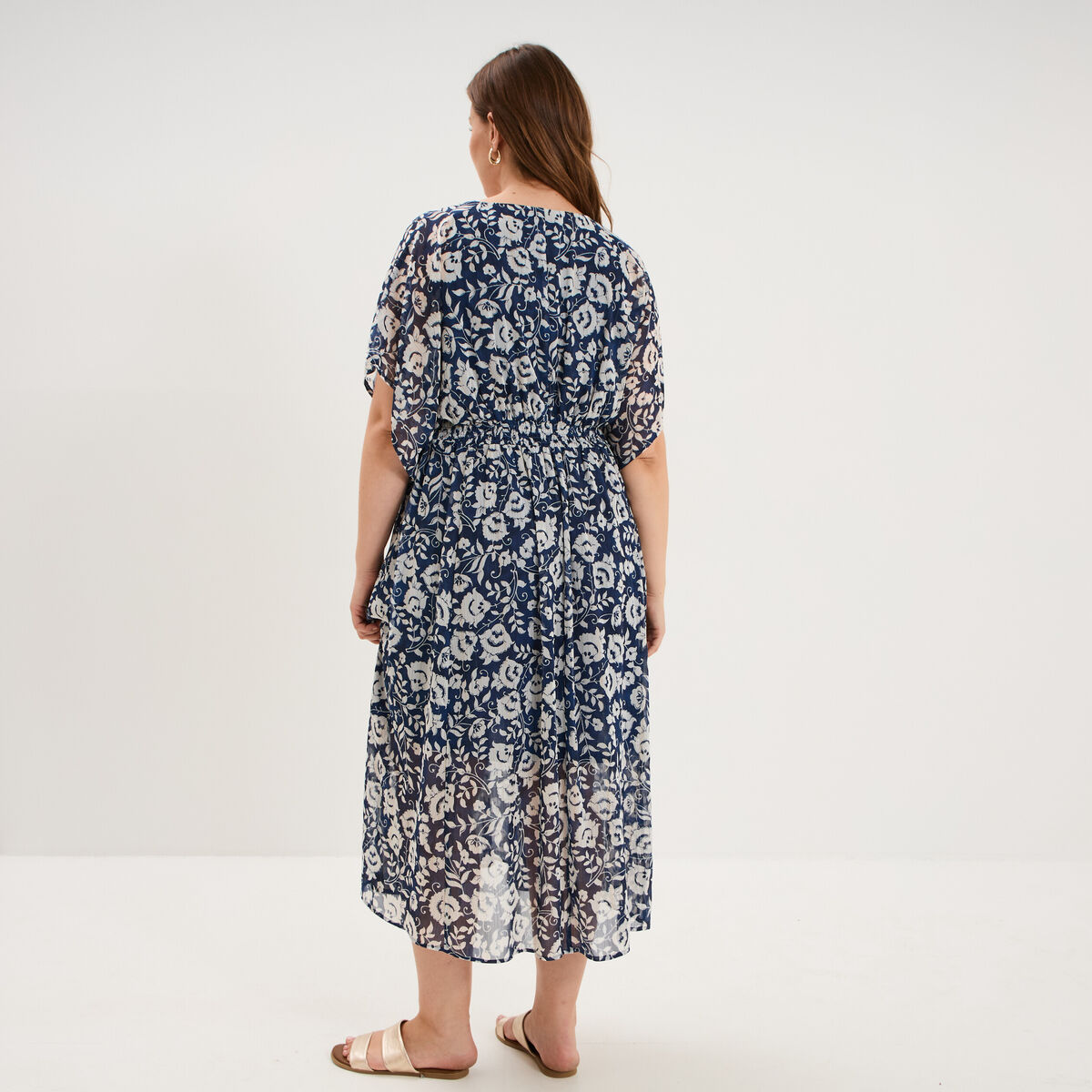 Robe longue taille smock&eacute;e bleu marine femme grande taille
