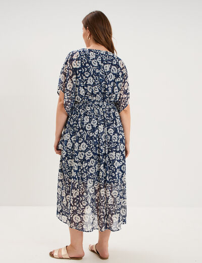 Robe longue taille smock&eacute;e bleu marine femme grande taille