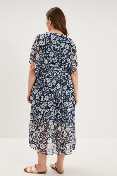 Robe longue taille smock&eacute;e bleu marine femme grande taille