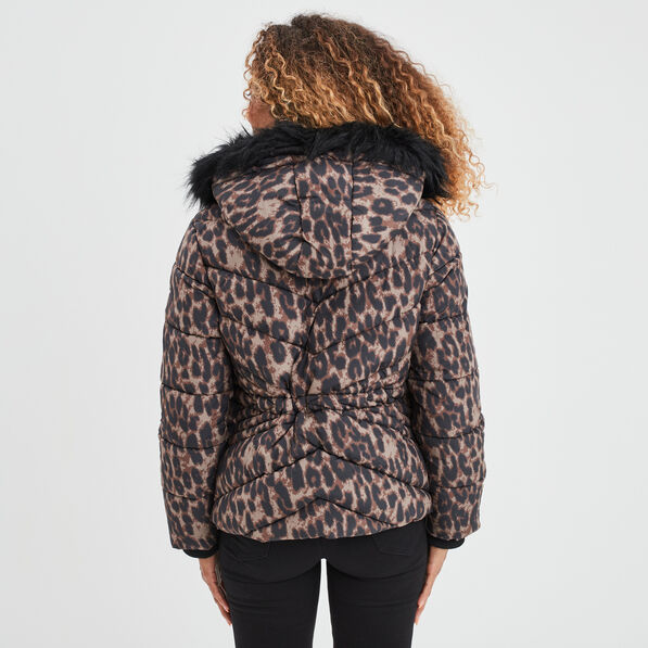 Doudoune cintrée à capuche fourrure marron femme