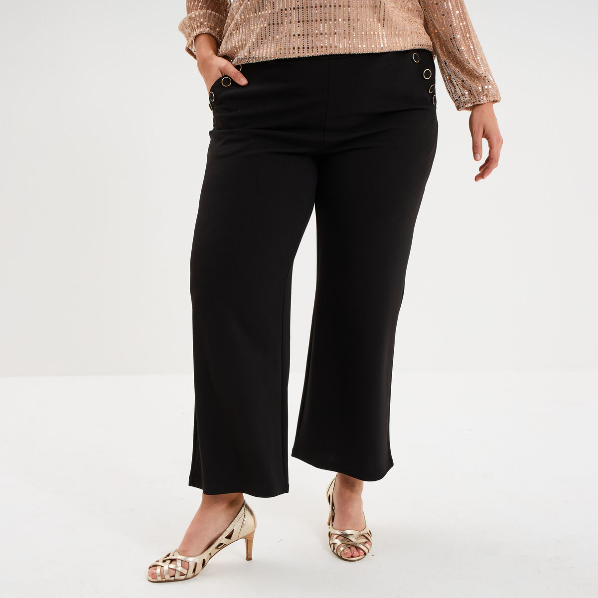 Pantalon large &agrave; pont noir femme grande taille