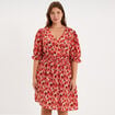 Robe longueur genou smock&eacute;e col V rouge coquelicot femme grande taille