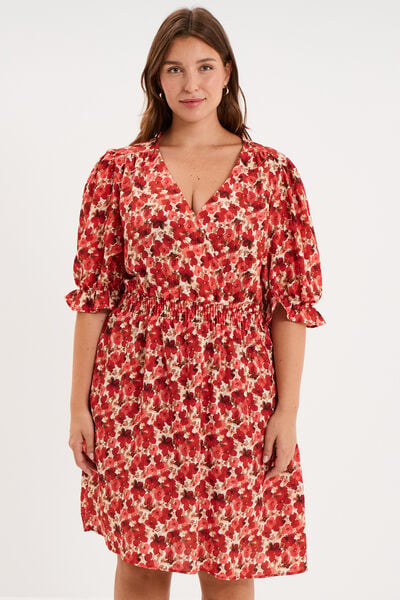 Robe longueur genou smock&eacute;e col V rouge coquelicot femme grande taille