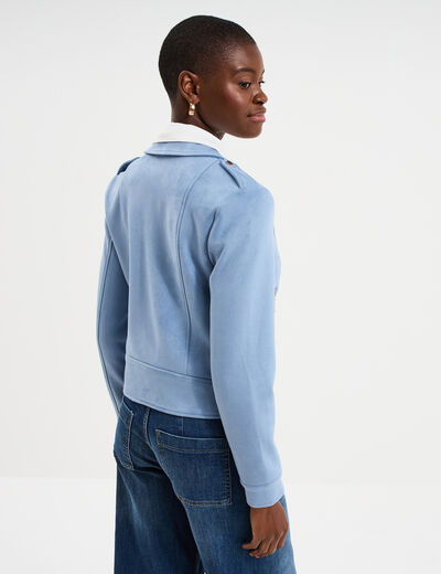Veste courte esprit biker effet su&eacute;dine bleu gris femme