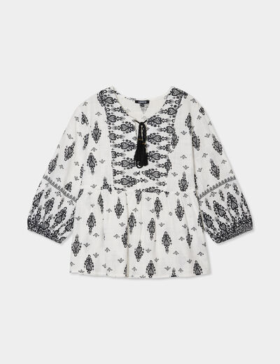 Blouse col tunisien manches ballons ecru femme
