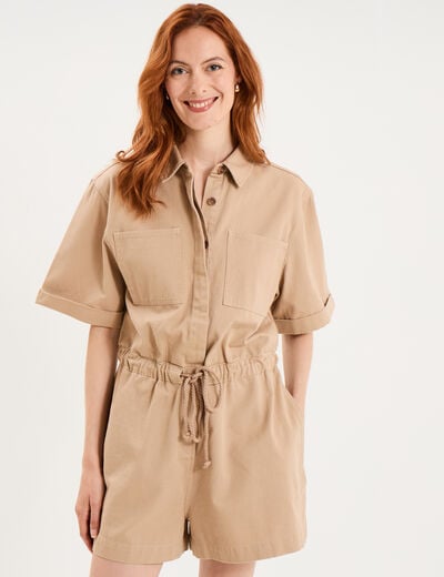 Combishort taille &agrave; coulisse coton sable femme