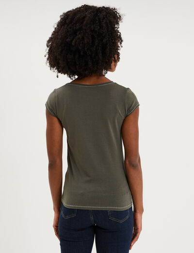 T-shirt col V ajust&eacute; manches courtes vert kaki femme