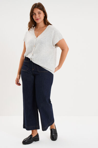 Gilet manches courtes boutonn&eacute; col V gris clair femme grande taille
