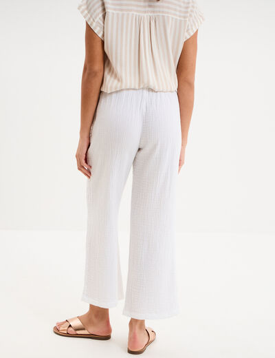 Pantalon fluide &eacute;lastiqu&eacute; gaze de coton blanc femme