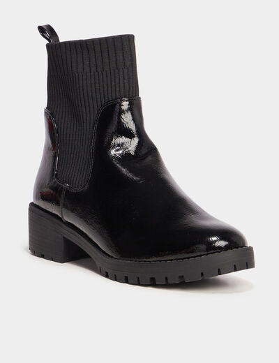 Bottines chelsea vernies &agrave; talons plats noir femme