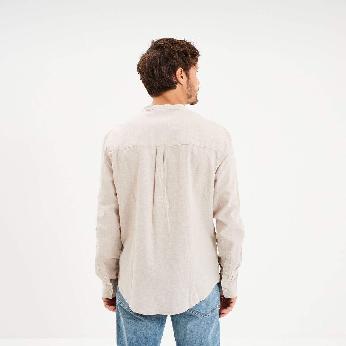 Chemise col mao lin m&eacute;lang&eacute; gris clair homme