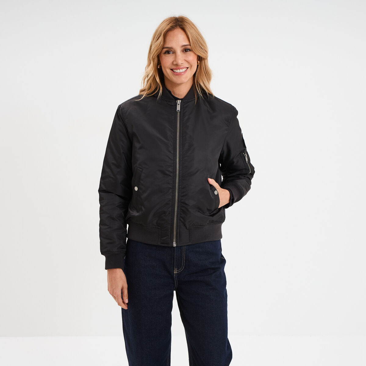 Blouson d&eacute;perlant col teddy noir femme