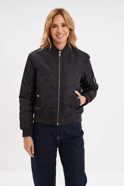 Blouson d&eacute;perlant col teddy noir femme
