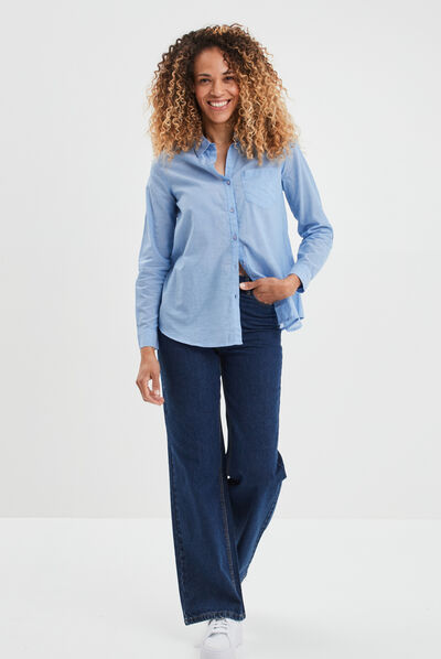 Chemise manches longues en coton bleu femme