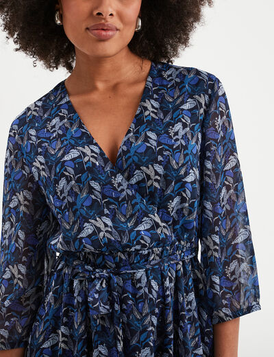 Robe midi col cache-coeur fluide bleu femme