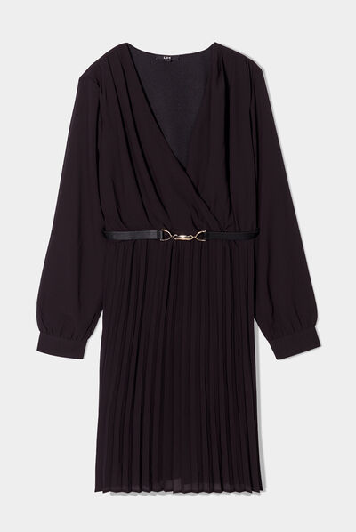 Robe ceinturée bas plissé noir femme