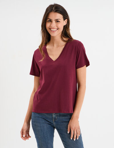 T-shirt manches courtes col en V coton bordeaux femme